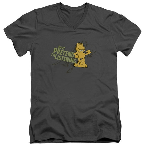 Garfield Just Pretend Im Listening S/S Adult V-Neck T-Shirt Charcoal