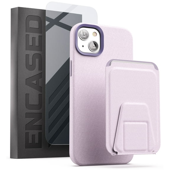 Encased MAG Case Wallet Set - Designed for iPhone 14 PLUS Leather Case with Screen Protector and Kickstand Card Holder - Compatible with MagSafe (Lavender Purple)