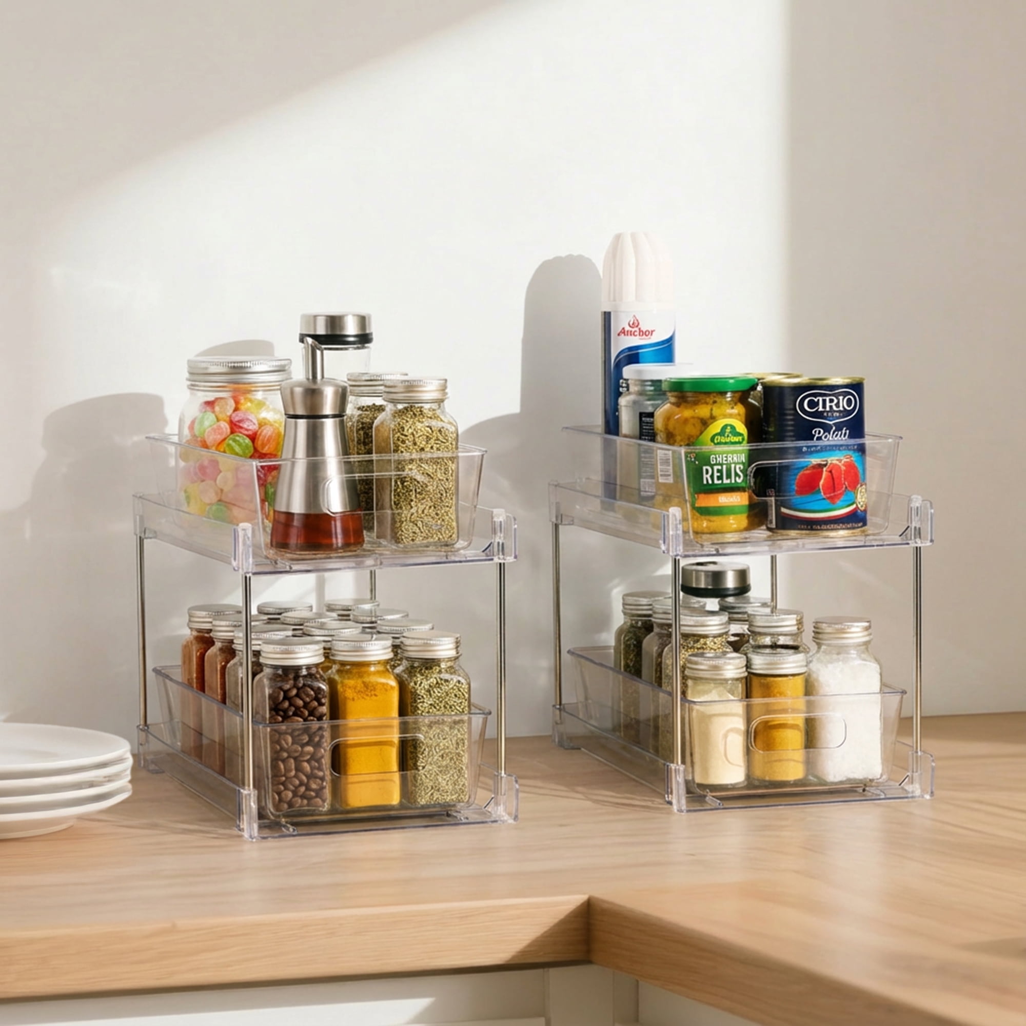 Sorbus 2-Tier Pull-Out Pantry Organizer Set, 2 Pack Clear Kitchen Cabinet Storage Drawers