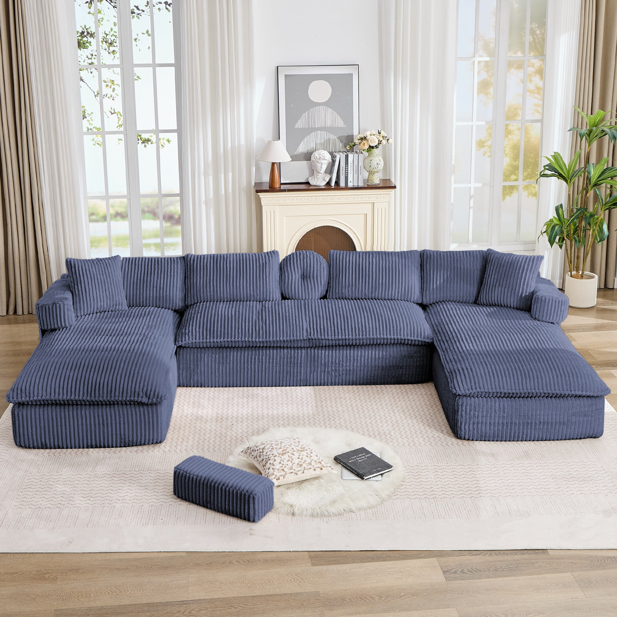 Howcool 149"W Oversized Modular Sectional Sofa,7-in-1 Corduroy U Shaped Sofa Couch with Double Chaise Lounge,Convertible Sleeper Sofa Bed,Deep Seat Cloud Couch for Living Room,Blue