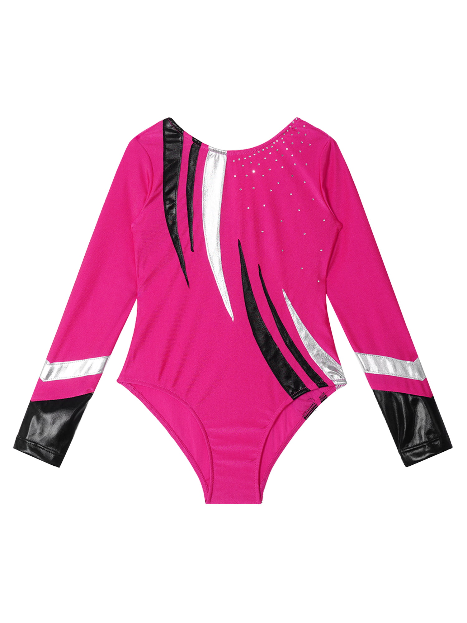 IEFIEL Girls Long Sleeves V Neck Shiny Glitters Gymnastics Dance Leotard,Sizes  6-16 Hot Pink 14 