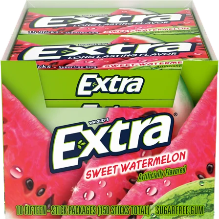 Extra Slim Pack Watermelon Gum 10 Count Pack — 15 Sticks Each — Sugar-Free Juicy Long-Lasting Chewing Gum