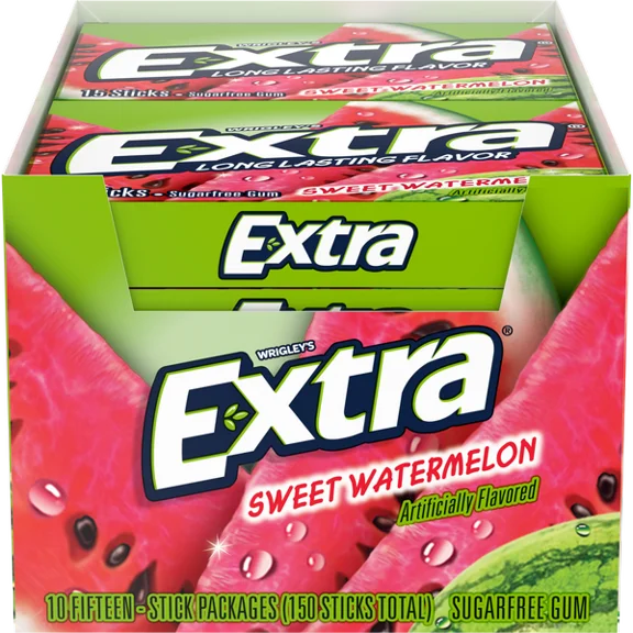 Extra Slim Pack Watermelon Gum 10 Count Pack — 15 Sticks Each — Sugar-Free Juicy Long-Lasting Chewing Gum