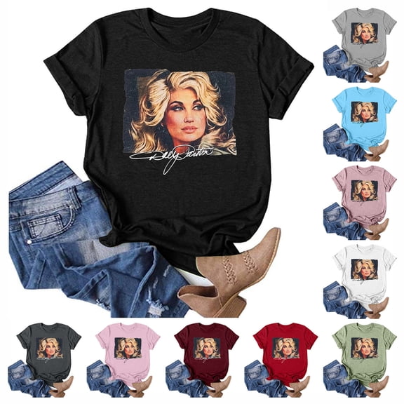 Womens Dolly Country Music Legend Shirts Vintage Graphic Shirt Casual Crewneck Tee Short Sleeve Retro Loose Fit T Shirts Top