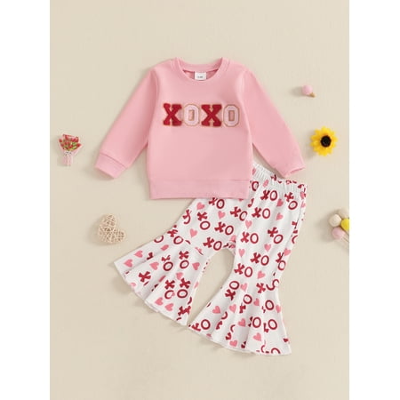 Mama s sunshine Toddler Baby Girl Outfits Letter Embroidery Long Sleeve Sweatshirt with Heart Pattern Flare Pants