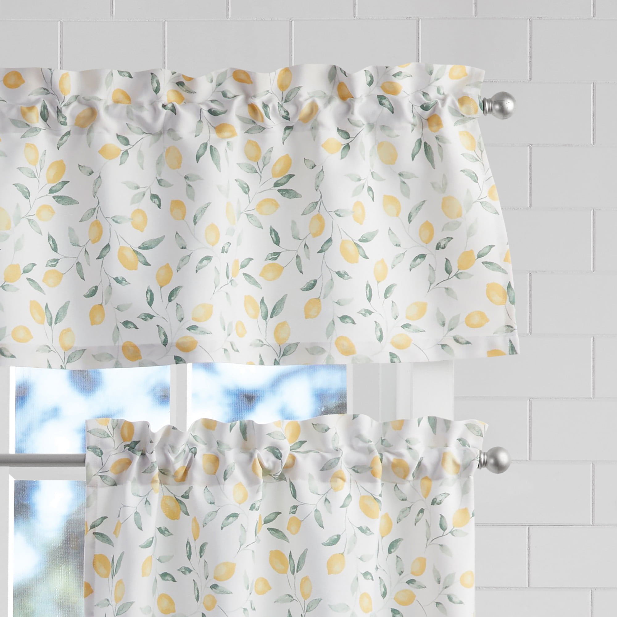 Mainstays 3 Piece Printed Tiers and Valance Set - Lemons and Leaves Yellow, Recycled Polyester, BCI Cotton, 56"W x 14"L, Indoor Curtain, Adult