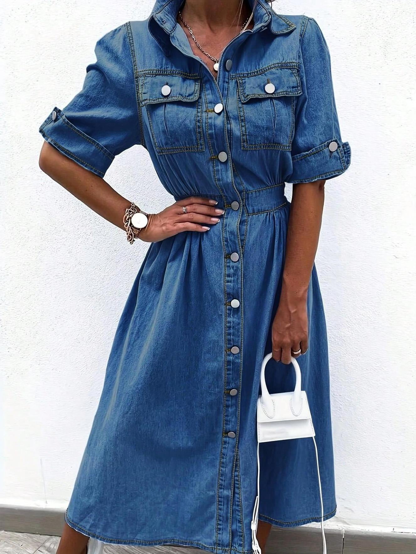 Women Denim Dress Elbow-Length V-Neck Plain Long Skirt Casual Dark Wash -  Walmart.com