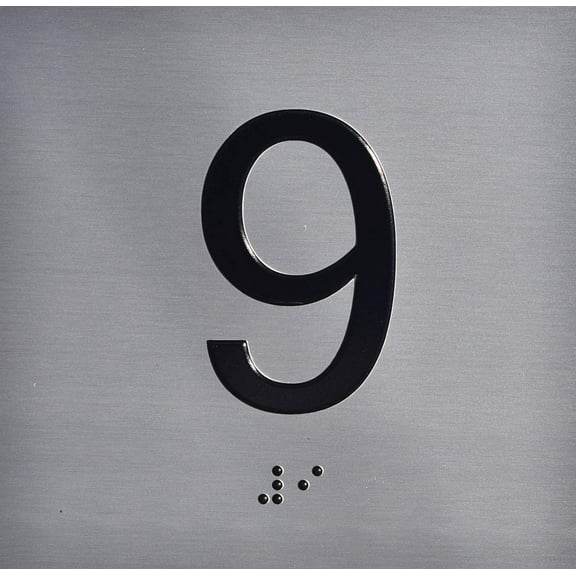 Apartment Number 9 Sign with Braille and Raised Number (Aluminum, 4x4, Double Sided Tape, Silver) (ref-2201)