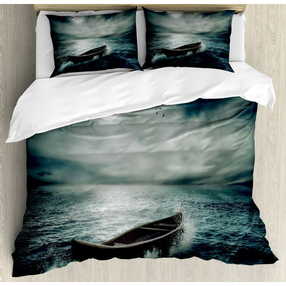 Fishing Duvet Cover Set, Boat Drifting in Ocean Full Moon Dramatic Night Sky Life Hope Conceptrt, Decorative 3 Piece Bedding Set with 2 Pillow Shams, Calking Size, Dark Blue White, by Ambesonne