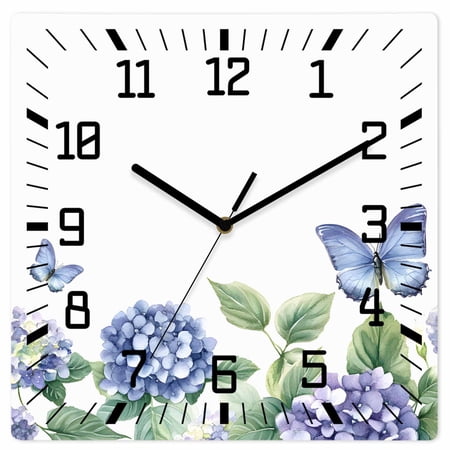 Flower Butterfly Wooden Wall Clock Silent Non Ticking, Blue Purple Watercolor Wilflower Square Wall Clocks Battery Operated, Decor Clock for Home Office, Living Room, Kitchen, 10 Inch
