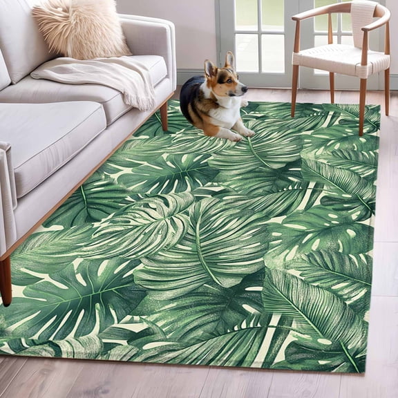 Tropical Leaves Area Rug 4x6 Washable Rug Non Slip Summer Nature Botanical Palm Leaf Large Area Rug Indoor Floor Carpet for Entryway Bedroom Kitchen Living Room Home Office Dining Room Nursery
