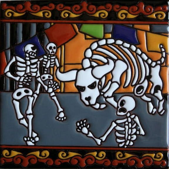 6x6 Running of the Bulls. Day-Of-The-Dead Clay Tile
