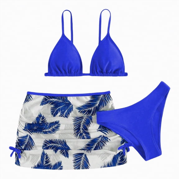 NIEWTR Girls 3 Piece Swimsuits Bathing Suit Cute Ruffle Floral Print Bikini Set with Skirt Kids Swimwear Size 9-14 Years（Blue,12-13 Years)