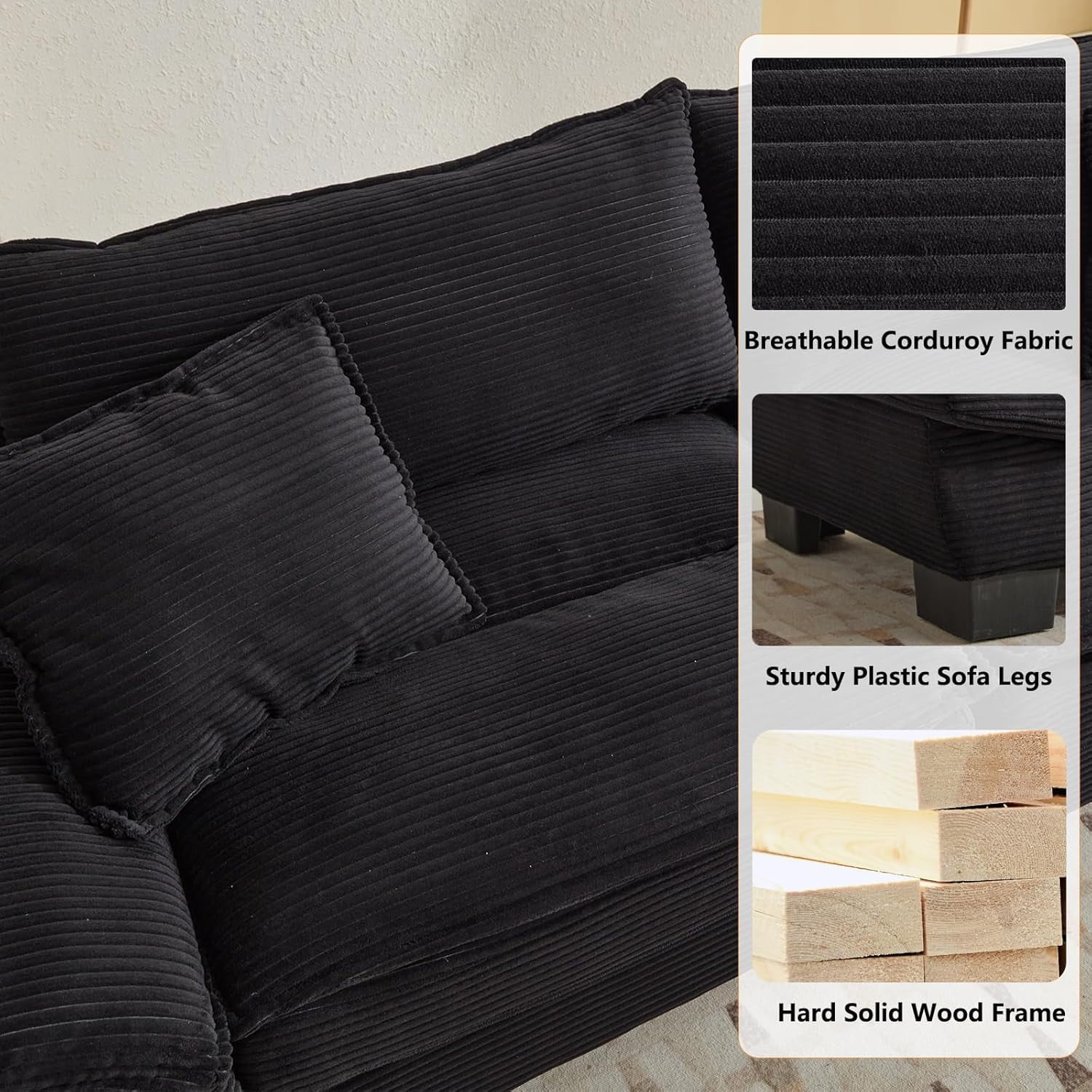 AENKYO 84" Corduroy Loveseat Sofa with Pillows, Modern 2-Seater Couch for Living Room,Black