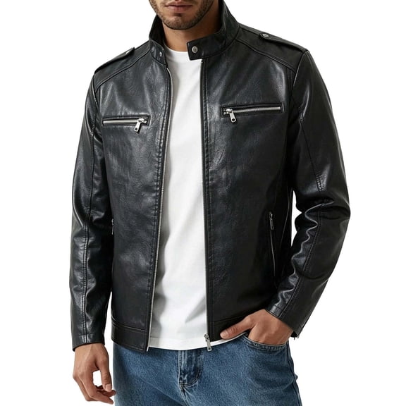 Miqool Mens Faux Leather Racer Jacket Stand Collar Zip Front Motorcycle Biker Coat Long Sleeve Outerwear with Chest and Side Pockets