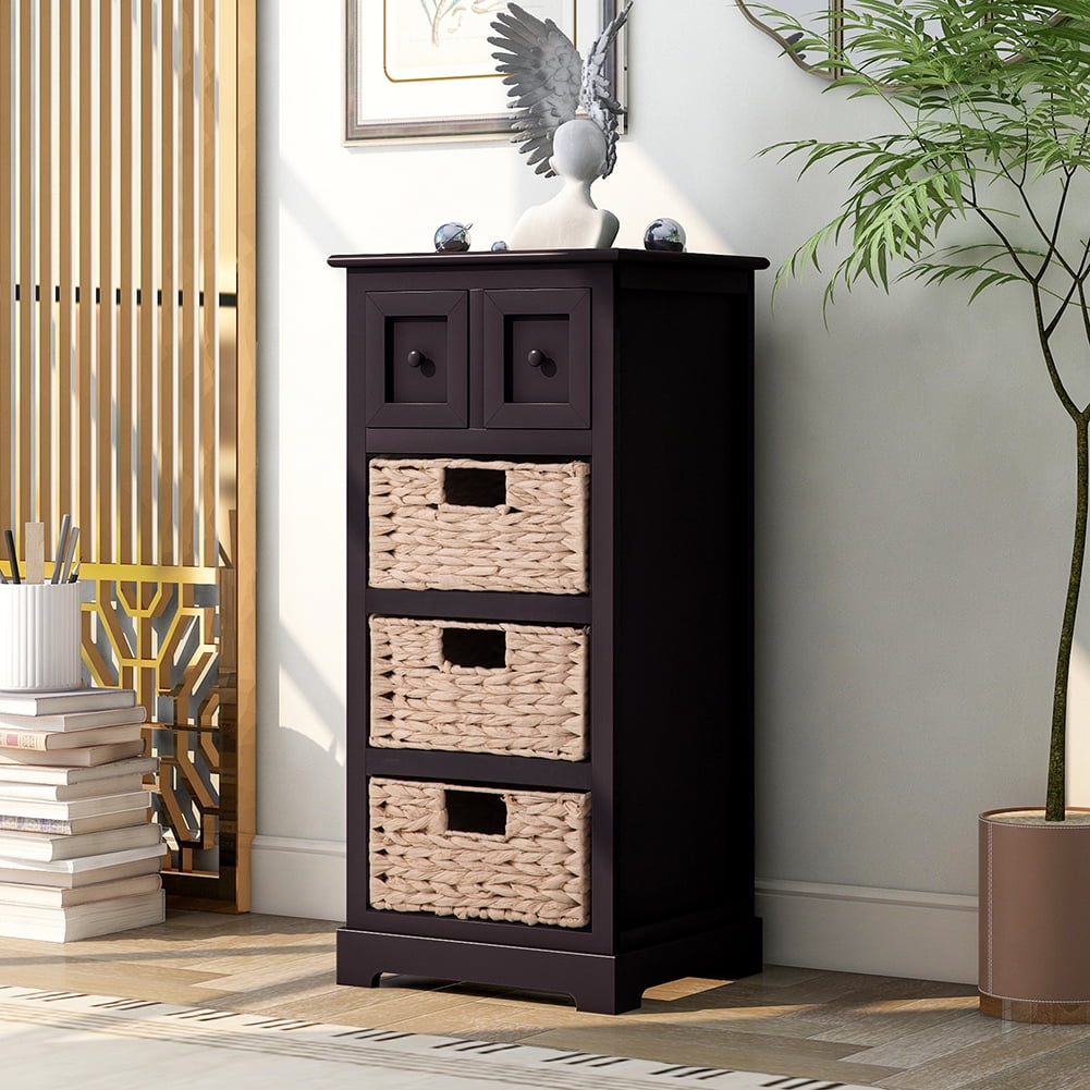 Private Jungle Vintage End Table with 3 Baskets for Livingroom Accent Style (Espresso)