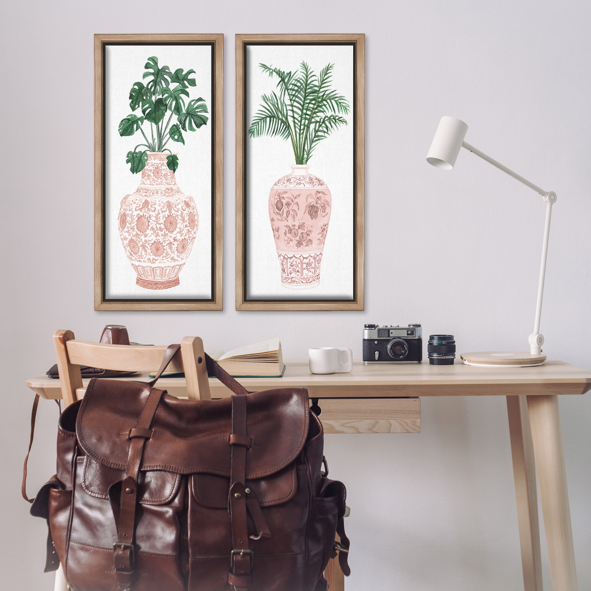 Stupell Industries Plants & Oriental Vases Botanical & Floral Painting Brown Floater Framed Canvas Art Print Wall Art, 14 x 31, Set of 2