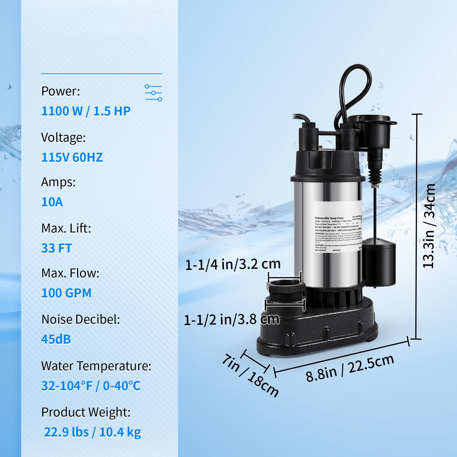 KFFKFF Sump Pump, 1.5 HP 6000 GPH, Submersible Cast Iron and Stainless Steel Water Pump, 1-1/2" Discharge With 1-1/4" Adaptor, Automatic Vertical Float Switch, for Indoor Basement Water Basin
