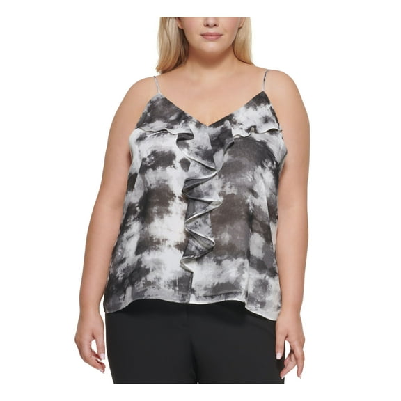 CALVIN KLEIN Womens Black Ruffled Adjustable Straps Lined Tie Dye Spaghetti Strap V Neck Cami Top Plus 1X