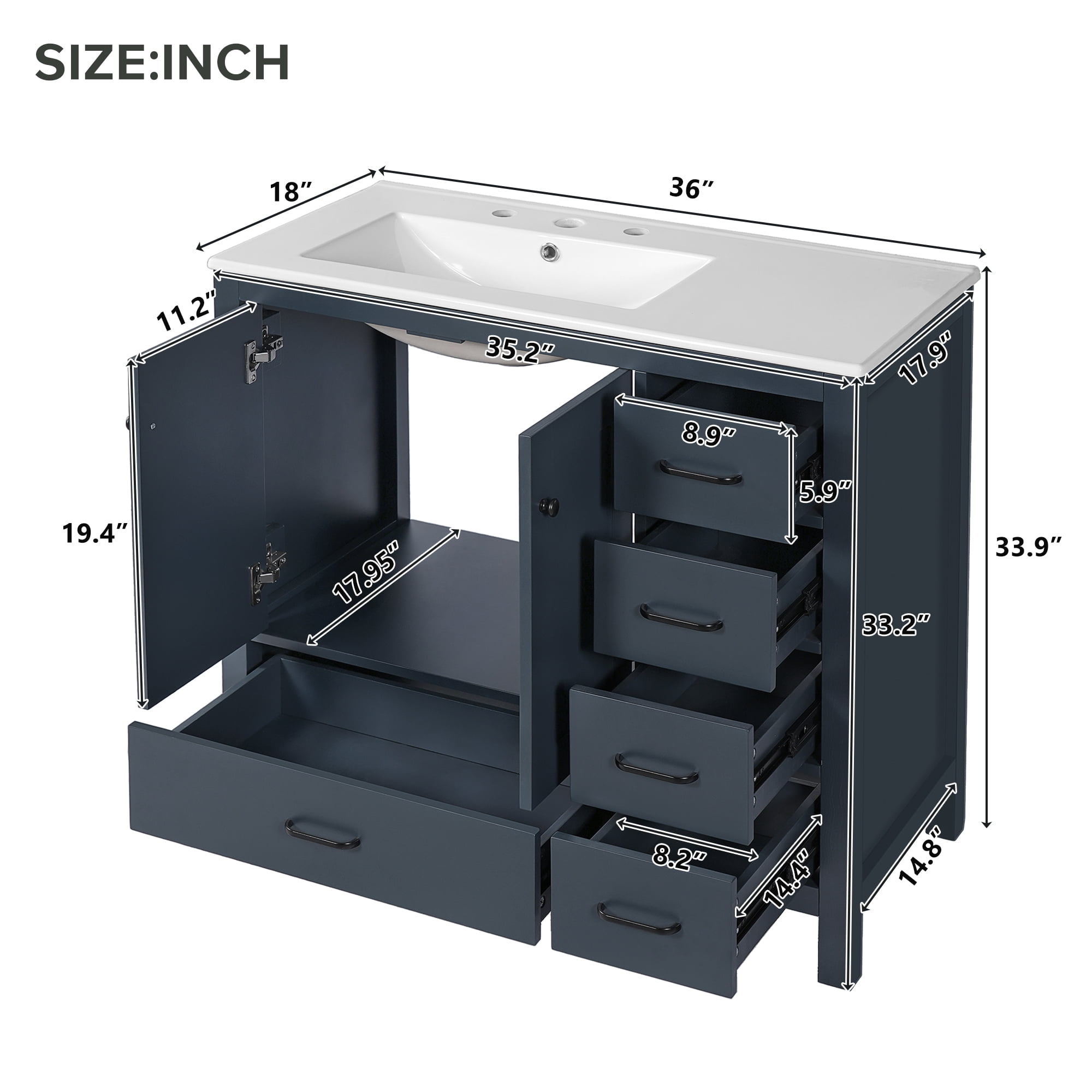 Euroco 36" Blue Bathroom Vanity with Ceramic Sink Combo, Abundant Storage Cabinet -2 Soft close doors and 5 drawers