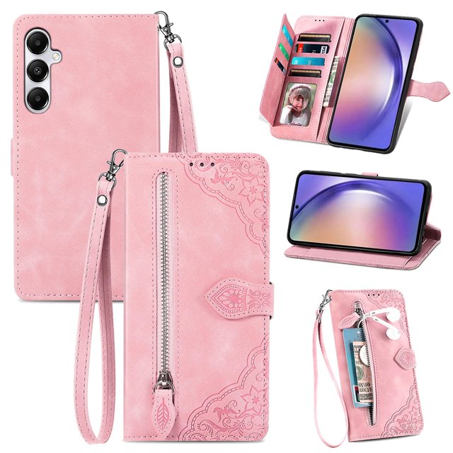 Funda de piel con cremallera y diseño de flores para Samsung Galaxy A55 5G, color rosa