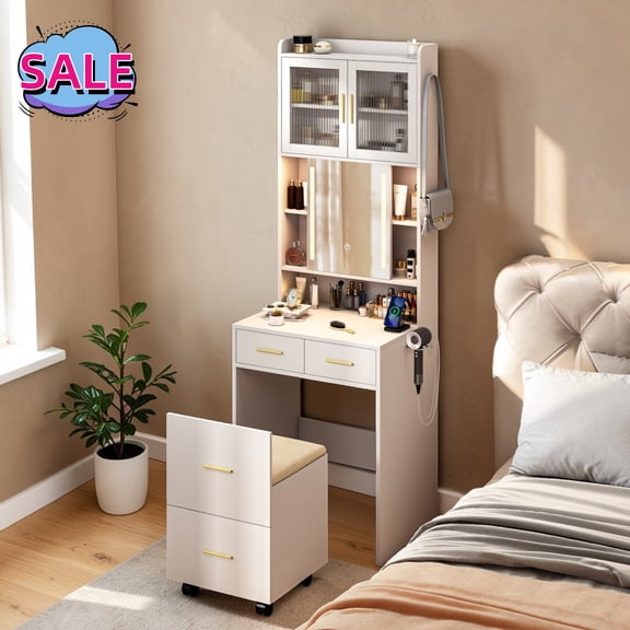 Hassch Small Vanity Desk Set with Lights, Sliding Mirror and Charging Station, Makeup Table with Glass Doors, Cushioned Stool and Hair Dryer Holder, Dressing Table with Shelves and 3 Drawers, White