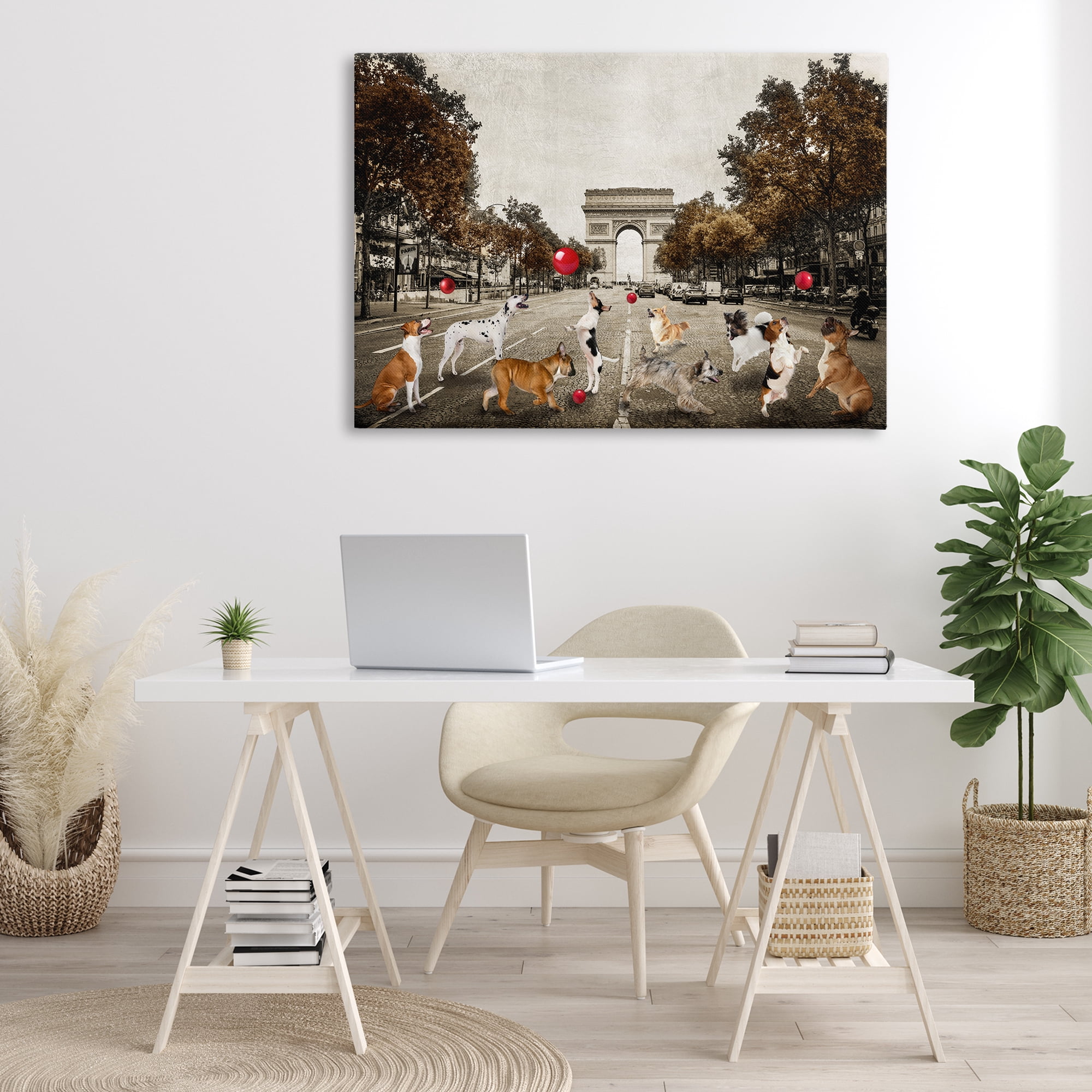 Stupell Industries Dogs Playing Among Architecture Animals & Insects Painting Gallery Wrapped Canvas Art Print Wall Art, 45 x 30