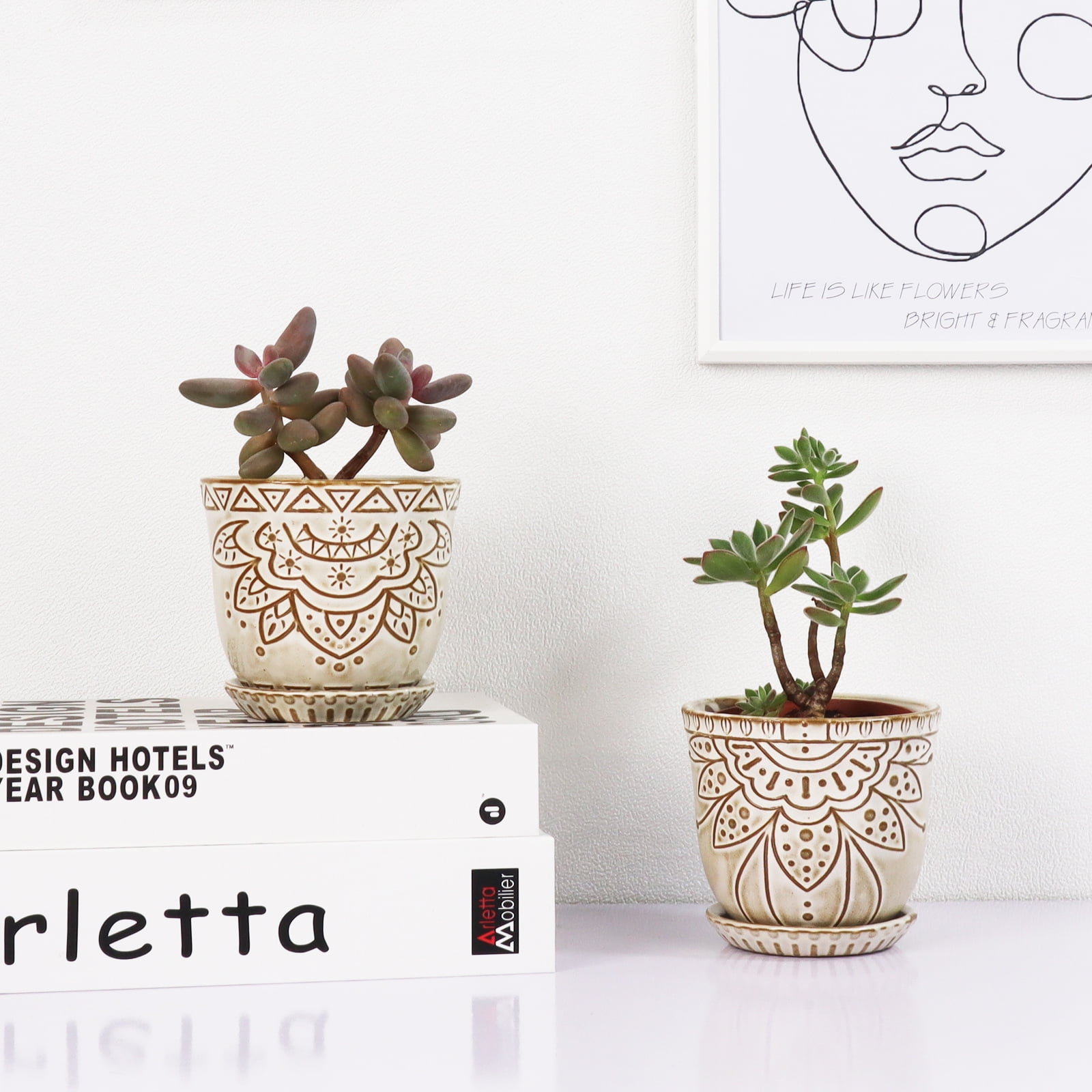 BESTSELER Succulent Pots, 4 Inch Small Indoor Ceramic Planter Pot with Drainage Holes and Saucers for Plants- Creamy White - Set of 4