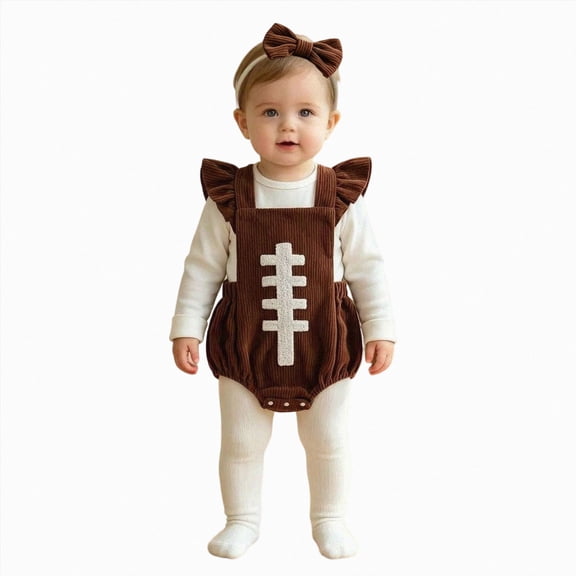 Xyant Newborn Football Romper Baby Girl Corduroy Overalls Infant Football Onesie Bodysuit Game Day Outfit with Headband,Size 0-3 Months