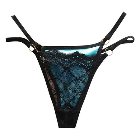 

No Show Underwear for Women Low Waist Satin Through Transparent Hollow Lace Thong Womens Lingerie Blue One Size