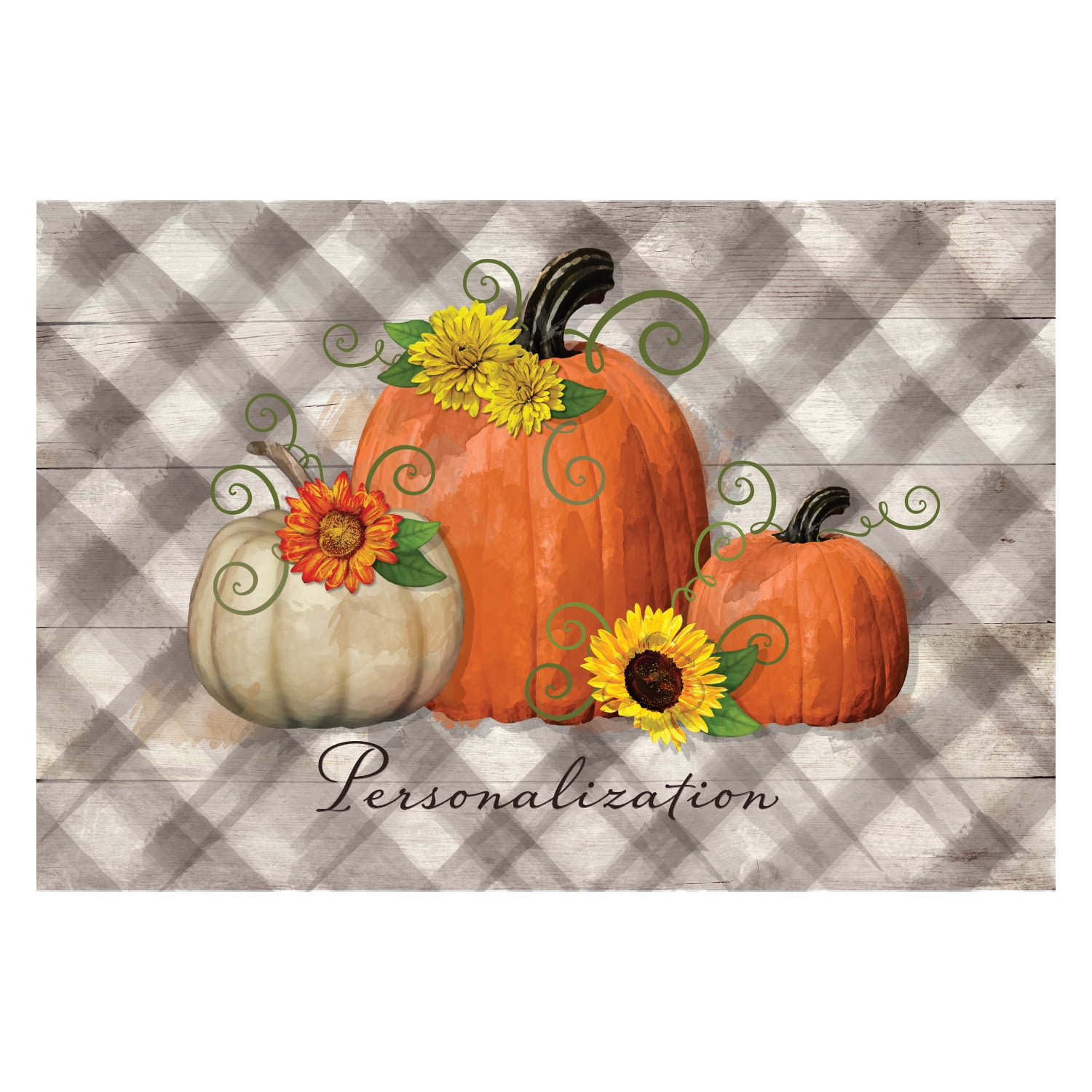 Personalized Planet 27x18 Happy Harvest Pumpkins Doormat with Custom Family Name Printed on Gray Rectangular 1/4” Thick Non Slip Mat for Kitchen Hallway Deck or Porch