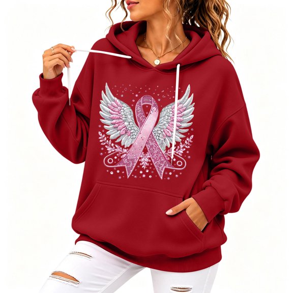 JULMCOMO in October We Wear Pink Hoodies for Women Angel Wings Graphic Breast Cancer Awareness Sweatshirt Long Sleeve Soft Casual Pullover Outfits Red XL