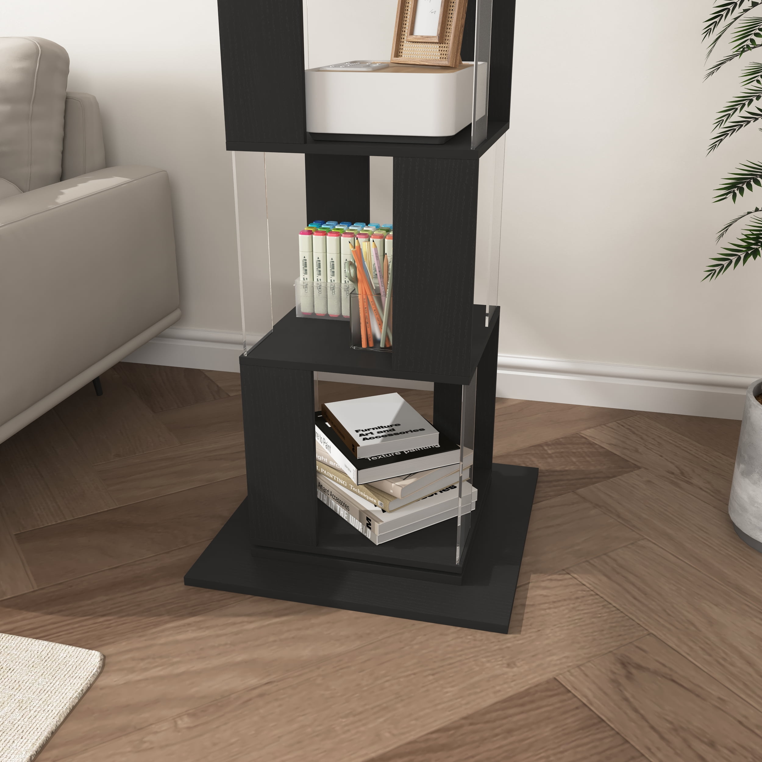 360-Degree Rotating Bookshelf with Wood Veneer & Clear Acrylic Panels, Large Capacity Space-Saving Storage Rack with Anti-Toppling Base for Books Decor Albums Living Room Office