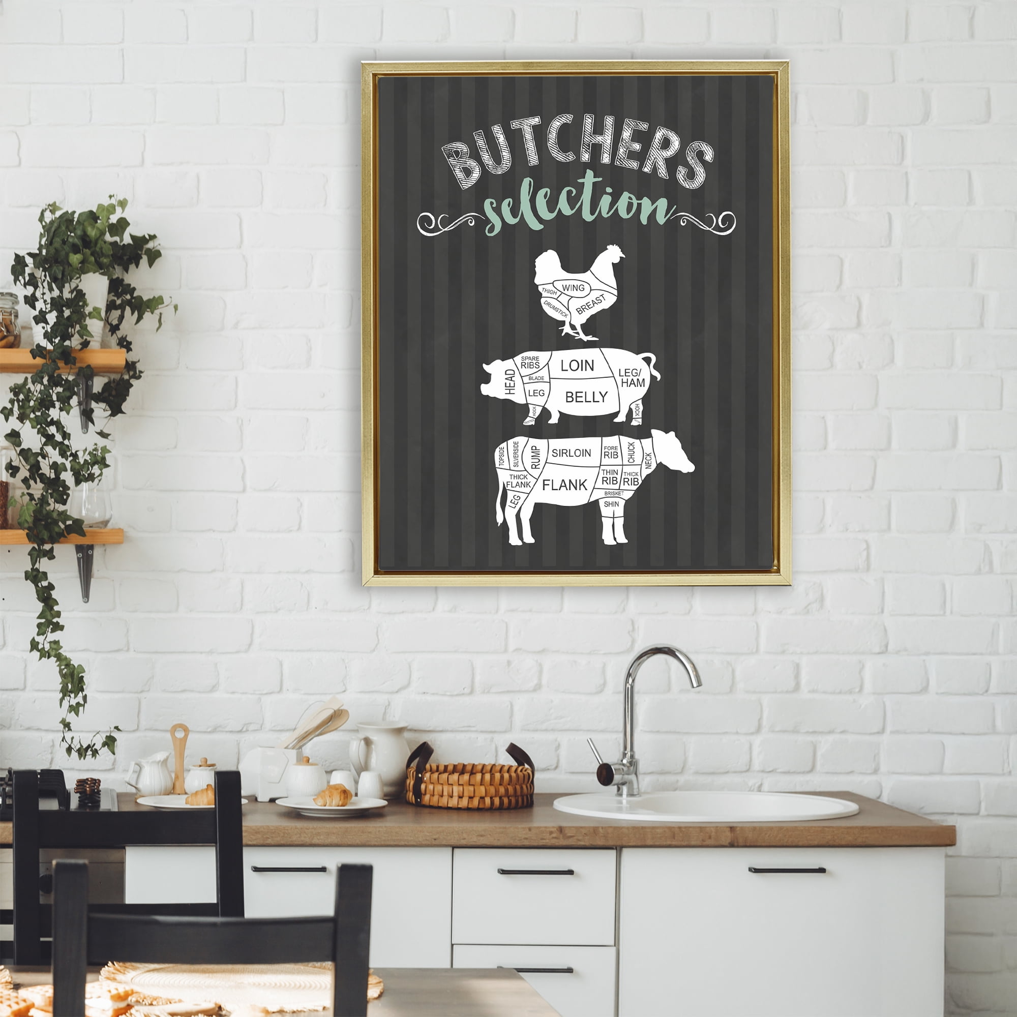 Butchers Selection Animal Sections Gold Framed Floater Canvas Wall Art, design by Lettered and Lined