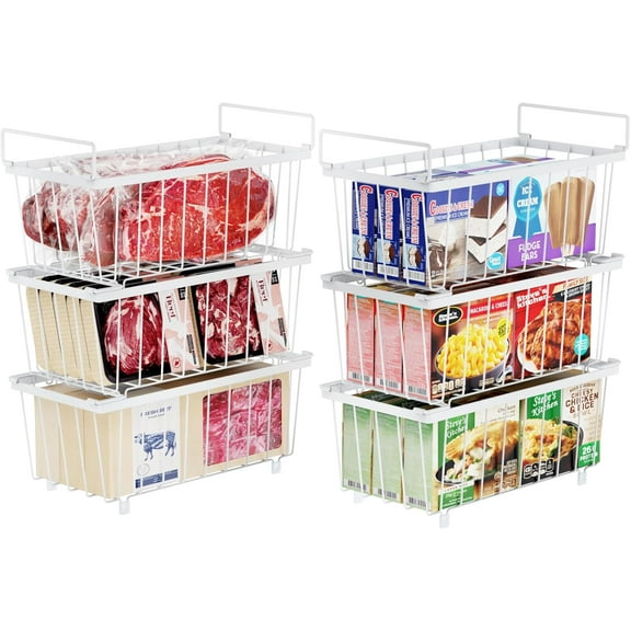 Freezer Organizer Bins - 6 Pack Small Stackable Deep Freezer Organizer Bins for 7 Cu.Ft Freezers Easy Get Bottom Foods without Digging, Chest Freezer Organizer Prevent Frozen Food Waste, White