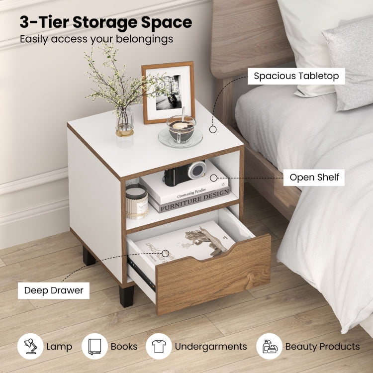 Kadyn Nightstand with with Drawer and Open Storage Shelf, Modern Bedside Table for Living Room or Bedroom, Set of 2, Natural + White