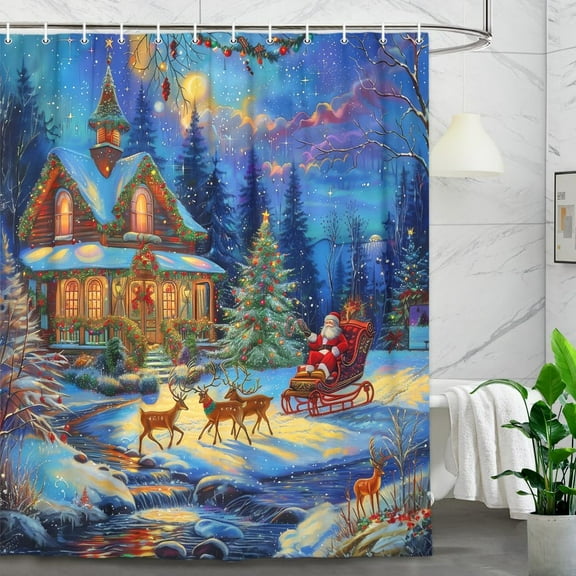 Winter Wonderland Merry Christmas Shower Curtain, Happy Xmas Trees Colorful Sky Warm House Santa Reindeer Shower Curtain Set, Christmas Decor Bathroom Shower Curtain with 12PCS Hooks,70X70IN