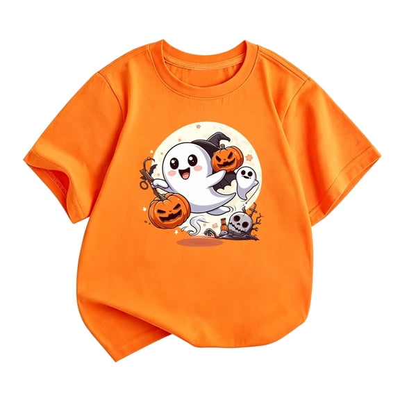 Girls Short Sleeve T Shirts Kids Summer Tops Crewneck Tees Halloween Shirt(A_Orange,9-10 Years)