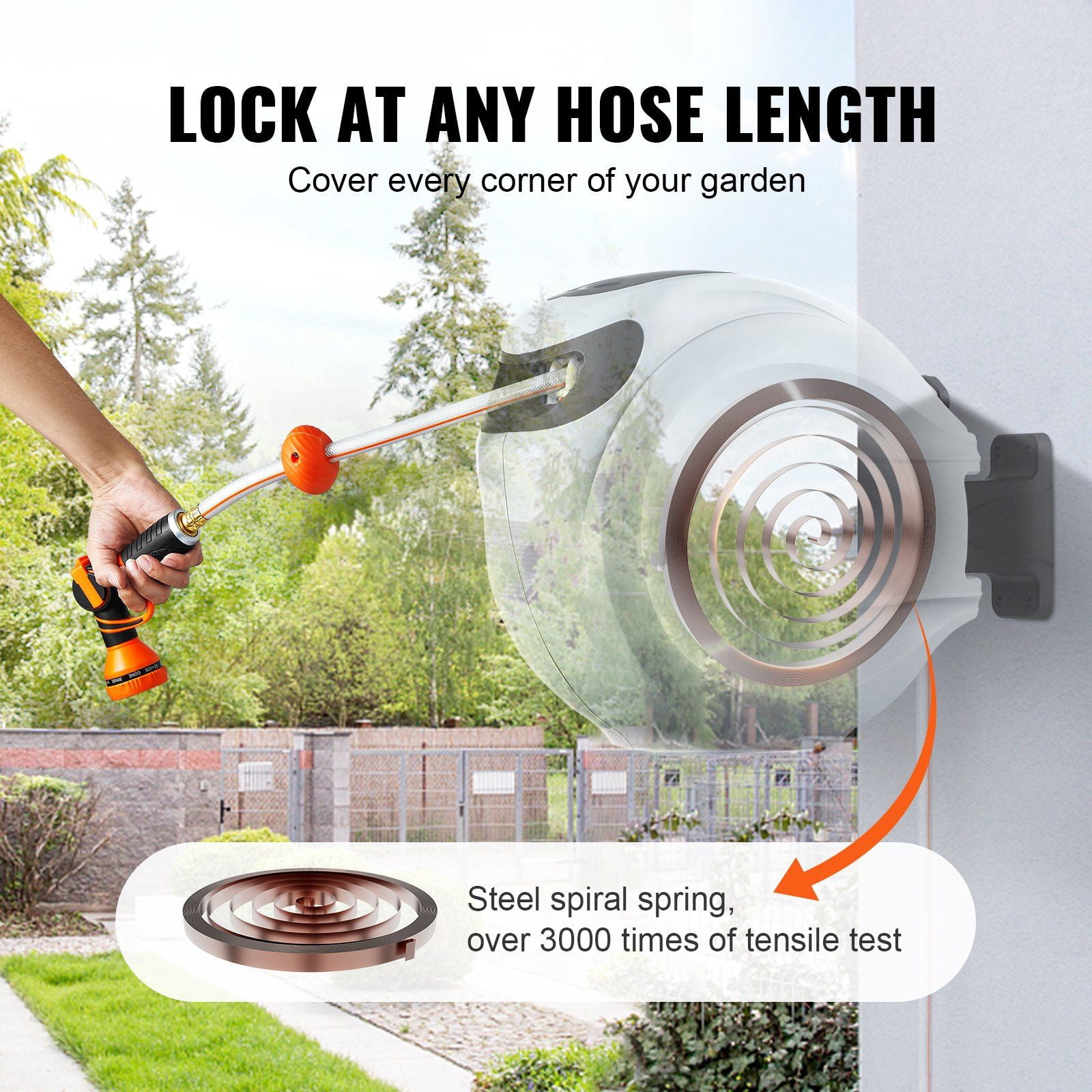CAFORKP 65ft x 5/8" Wall-Mounted Auto-Rewind Garden Hose Reel