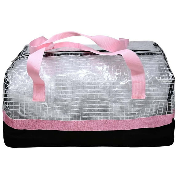 Duffle Bag 300D Poly w/hangtag- Top Pink, Bottom Blk, strip & handles pink glitter-Asst Pink & Blue