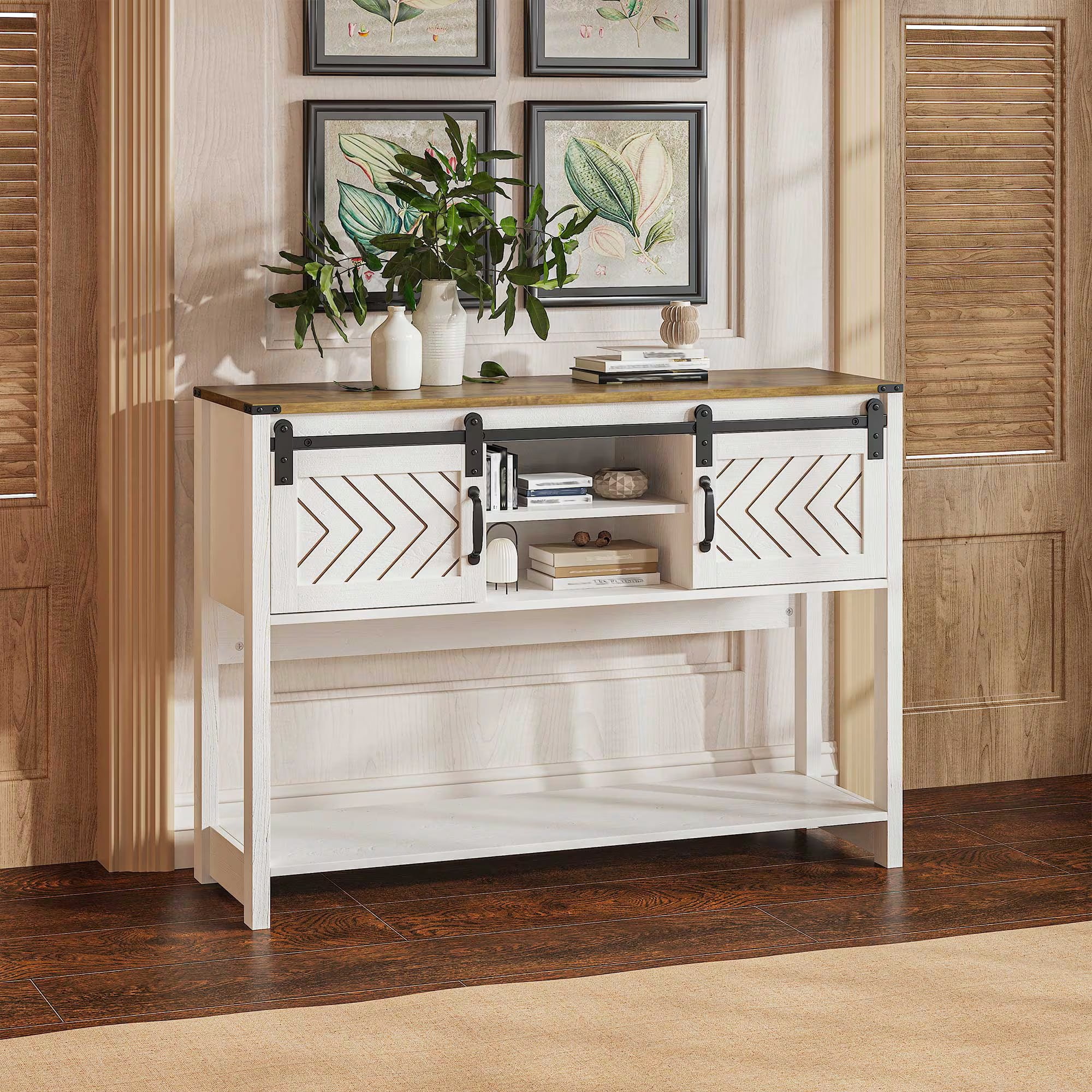 Aukfa 46" Farmhouse Console Table with Storage Shelf & Sliding Barn Doors, Wood Entryway Table with Storage for Living Room, Hallway, Foyer, White/Oak