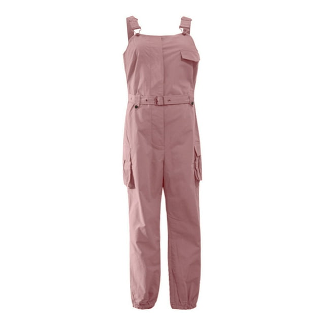 AherBiu Plus Size Cargo Jumpsuits for Women Sleeveless Suspender Rompers Belted Waist Classic Overalls