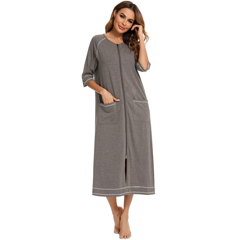 Lu's Chic Women's Long Robe Hooded Bathrobe Zipper House Coat Full Length Solid Pocket Housecoat Sleepwear 