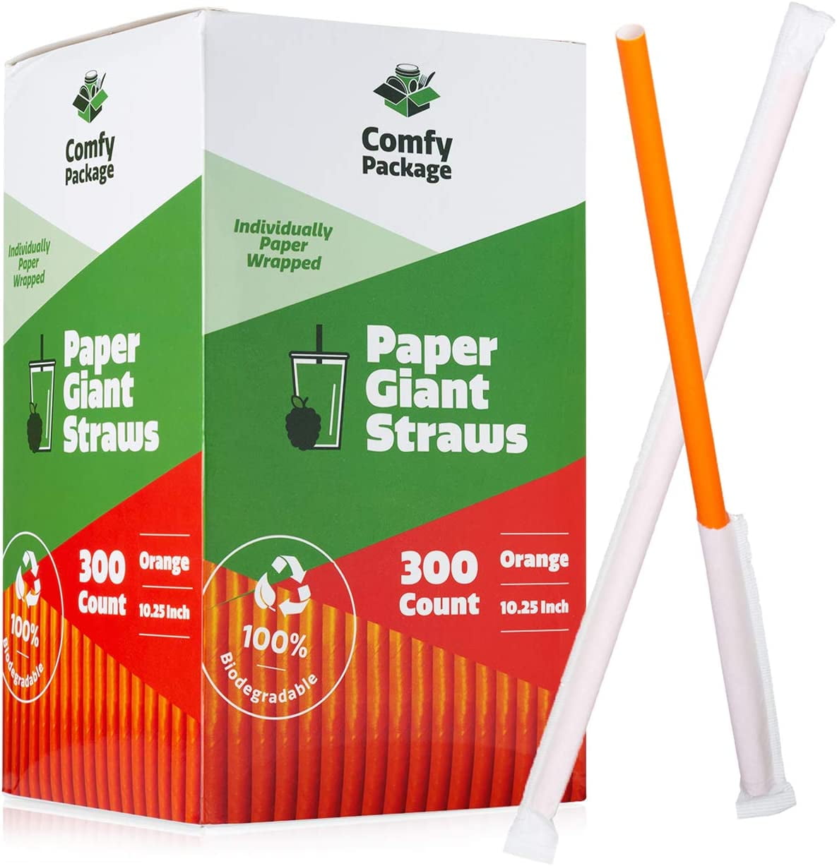 Comfy Package [300 Pack] 10.25" Long Orange Paper Straws, 100