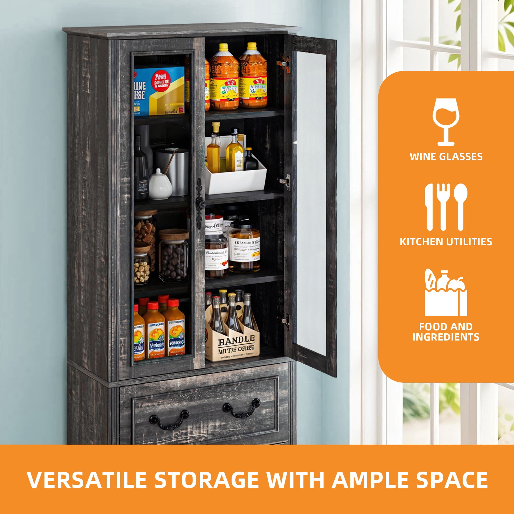 Craftian 76'' Kitchen Pantry Cabinet with 2 Drawers, Tall Storage Cabinet with Glass Doors & Adjustable Shelves, Dark Rustic Oak