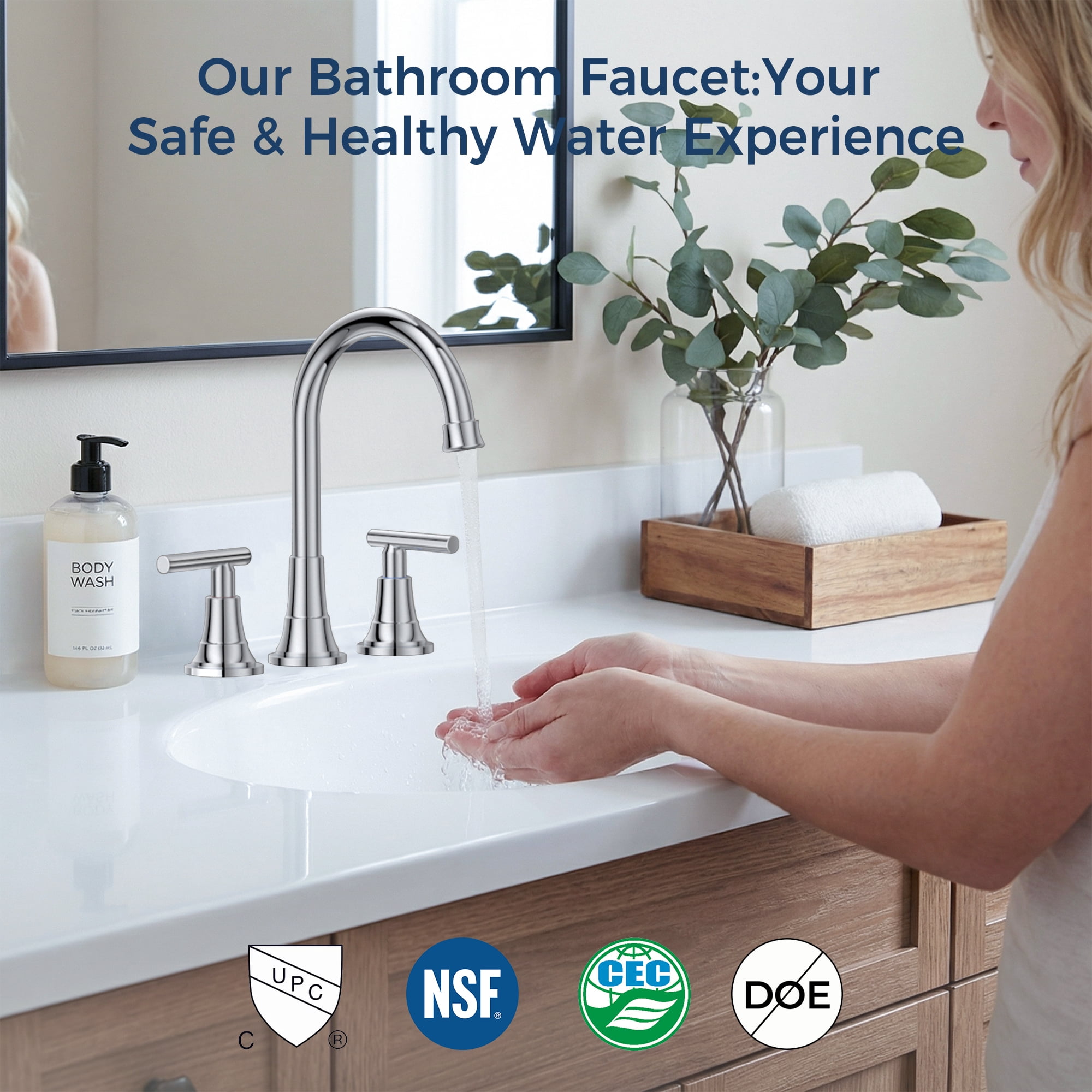 TVOFEK 8 inch Widespread Bathroom Sink Faucet 3 Hole with Pop up Drain and cUPC Hose, 2 Handle Chrome Vanity Faucet with 360° Spout for Restroom, RV, Bar