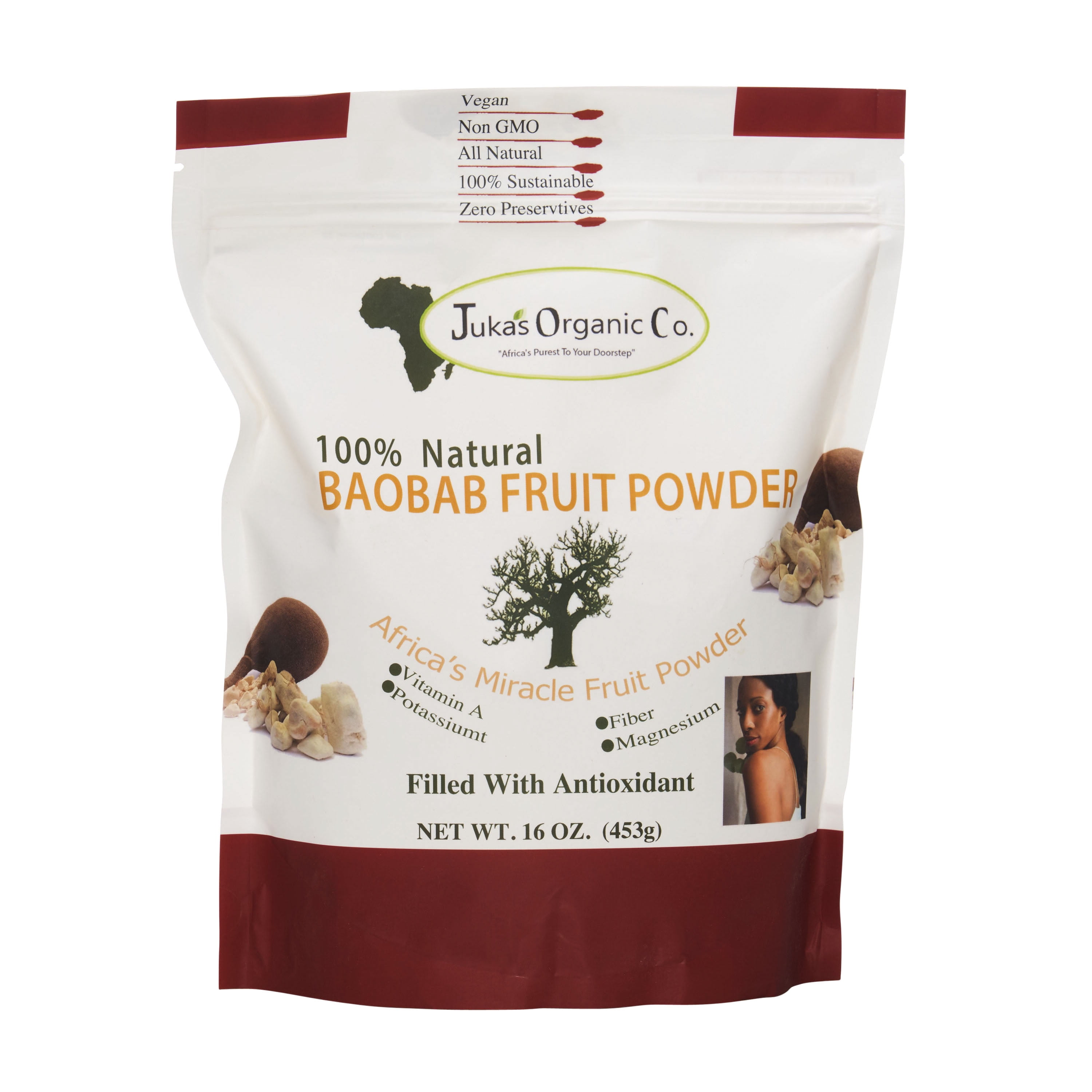 Juka's Organic Co. Baobab Powder Unprocessed, 100% Authentic, Naturally Dried, Very Clean & Fresh From West Africa - 16 OZ