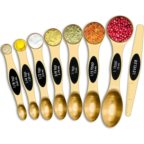 Magnetic Measuring Spoons Set Stainless Steel, Dual Sided for Liquid Dry Food, Measuring Cups Spoons Set Fits in Spice Jar, Kitchen Gadgets, Cooking Utensils Set, Including Leveler, Gold