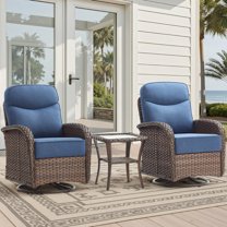 Giantfurnni 3-Piece Patio Wicker Swivel Rocking Chairs with Side Table Outdoor Rattan Conversation Furniture Patio Bistro Set with 6" Thick Cushions for Porch Garden Deck, Blue