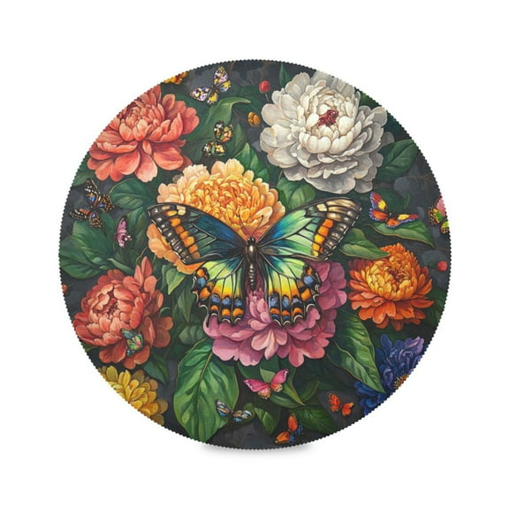 WOBOGO Peony Butterfly Paintings Round Placemats Set of 1 Heat Resistant Washable Kitchen Table Decorations 15.4in